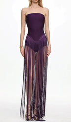 Helen Bodysuit Fringe Strapless Mini Dress In Purple Flowering Girl