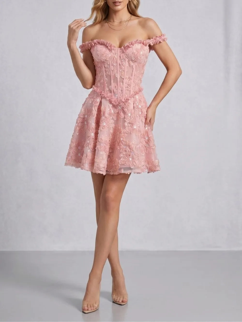Jyvric Pink Off Shoulder Flower Mini Dress Flowering Girl