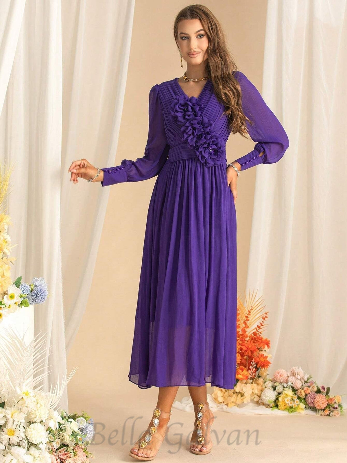 three-dimensional flower v-neck purple chiffon maxi dress Flowering Girl