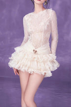 Eudora Lace Embroidery Ruched Trim Mini Dress In White Flowering Girl