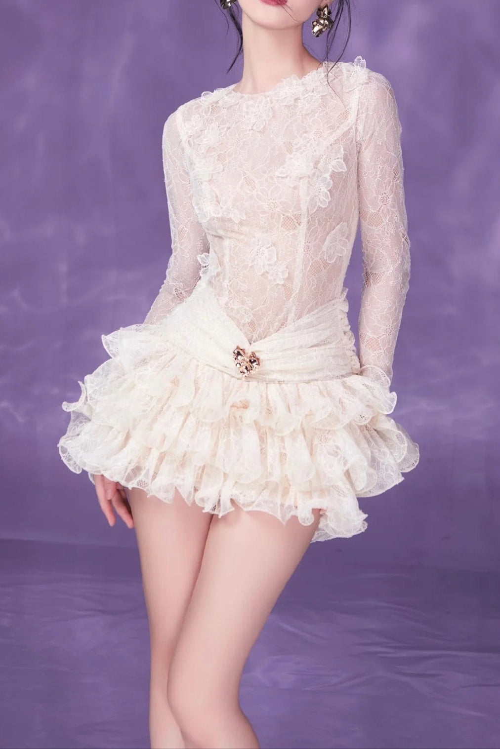Eudora Lace Embroidery Ruched Trim Mini Dress In White Flowering Girl