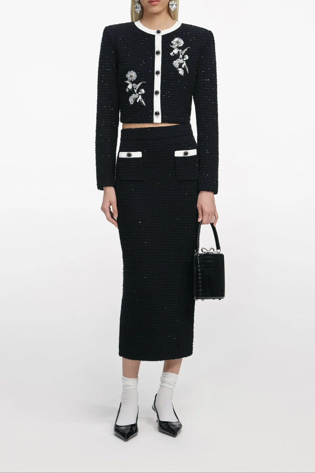 Black Textured Knit Midi Skirt Flowering Girl