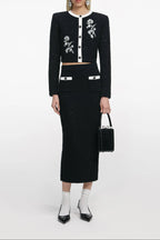 Black Textured Knit Midi Skirt Flowering Girl