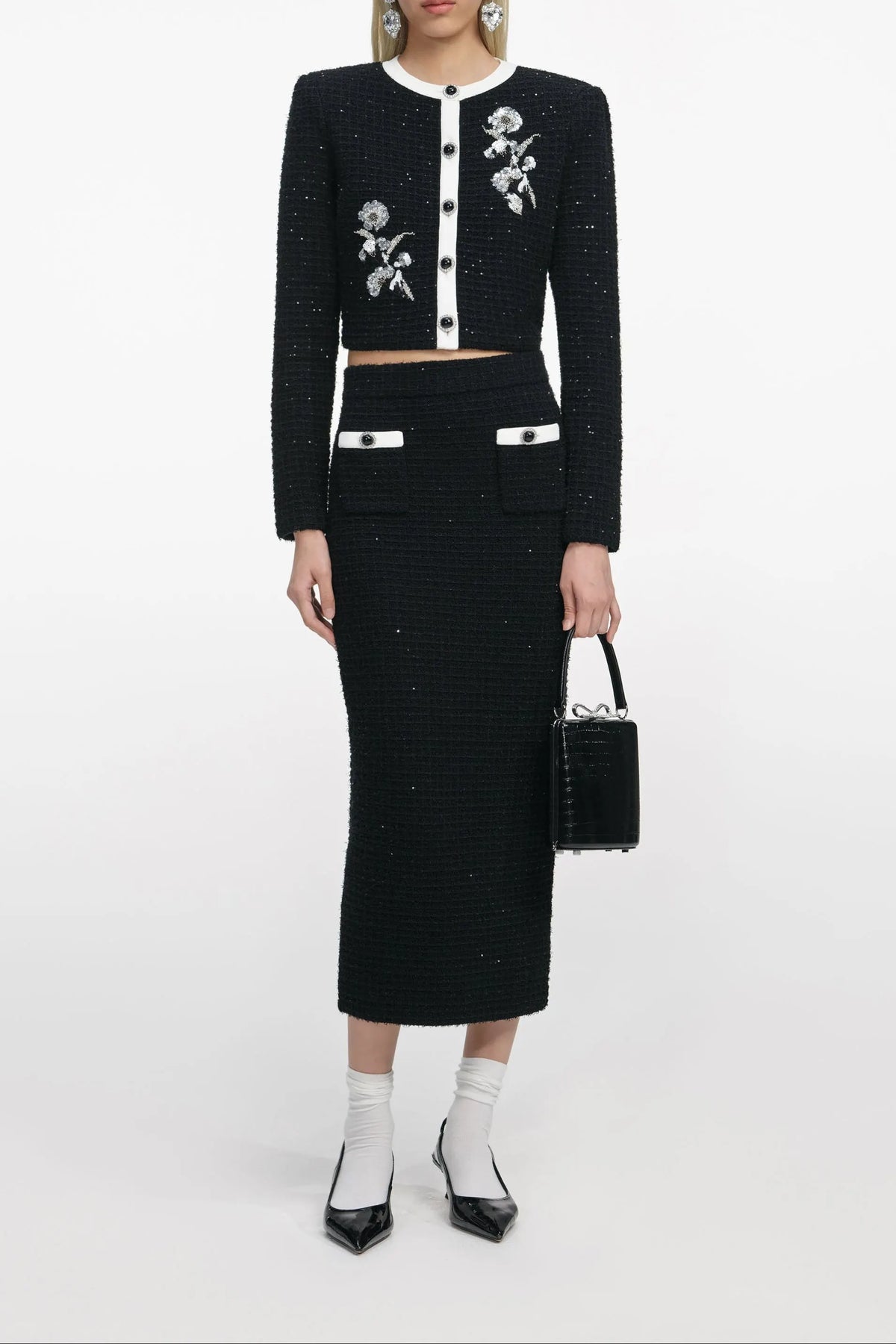 Black Textured Knit Midi Skirt Flowering Girl