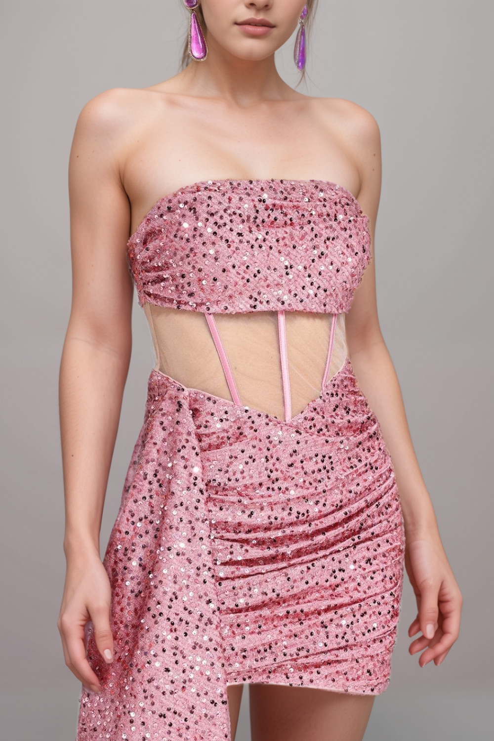 Sequin Mesh Ruched Mini Dress Flowering Girl