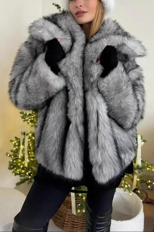 Artificial Leather Fox Fur Jacket In Gray Flowering Girl