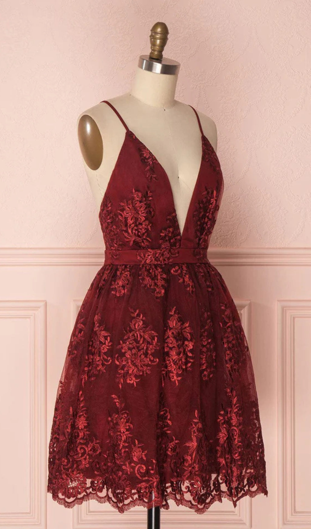 V Neck Tulle Lace Short Burgundy Prom Dresses Flowering Girl