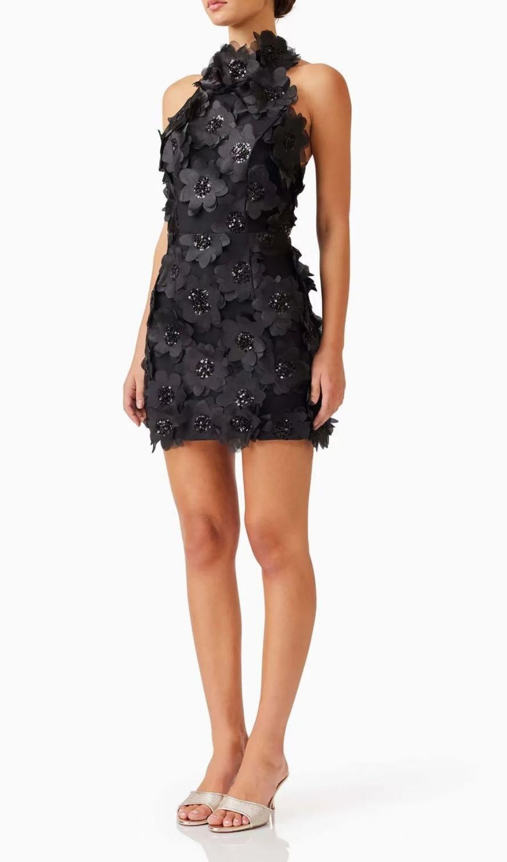 Pavryn Black Halterneck Sequin Flower Mini Dress Flowering Girl