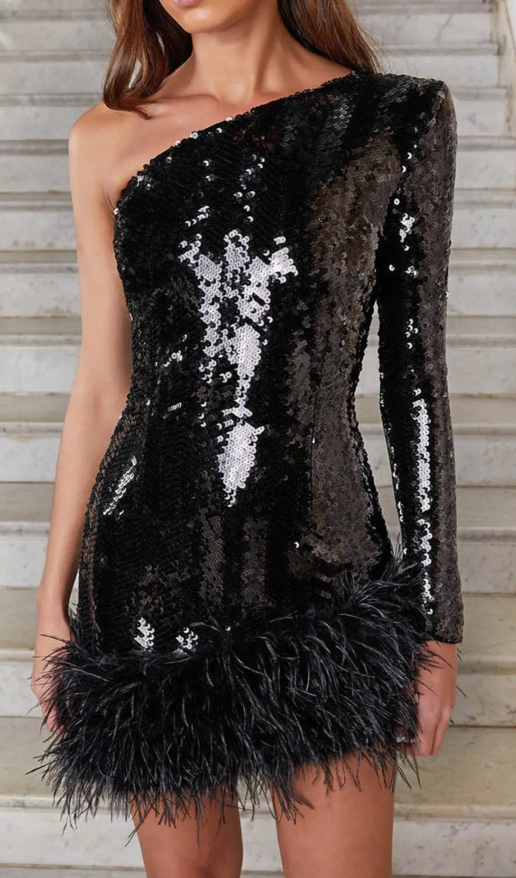 Black Sequin One Shoulder Feather Mini Dress Flowering Girl
