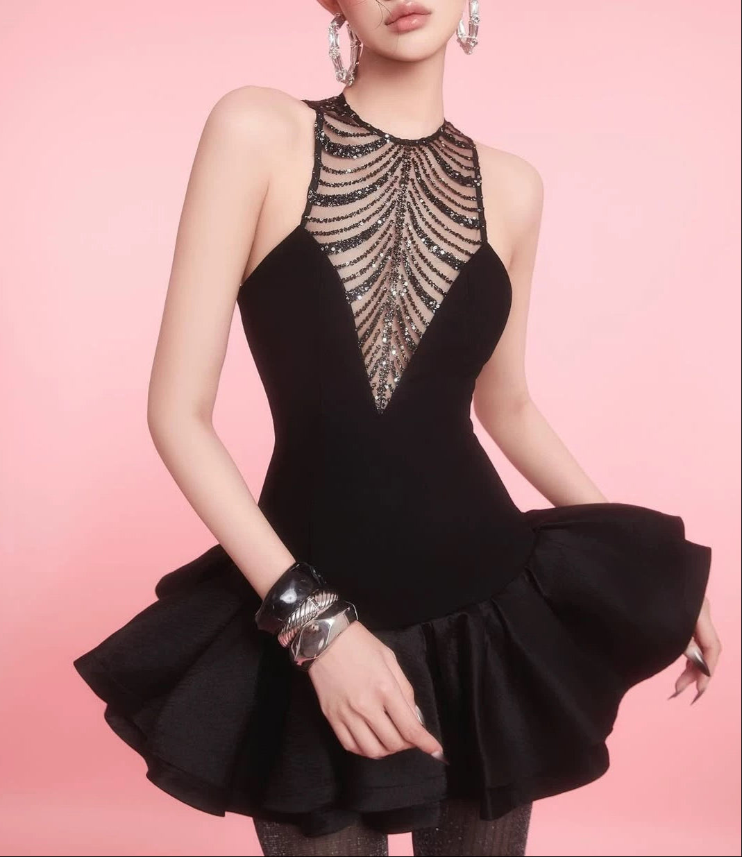 Jessica Sequin Tulle Ruched Hem Mini Dress In Black Flowering Girl