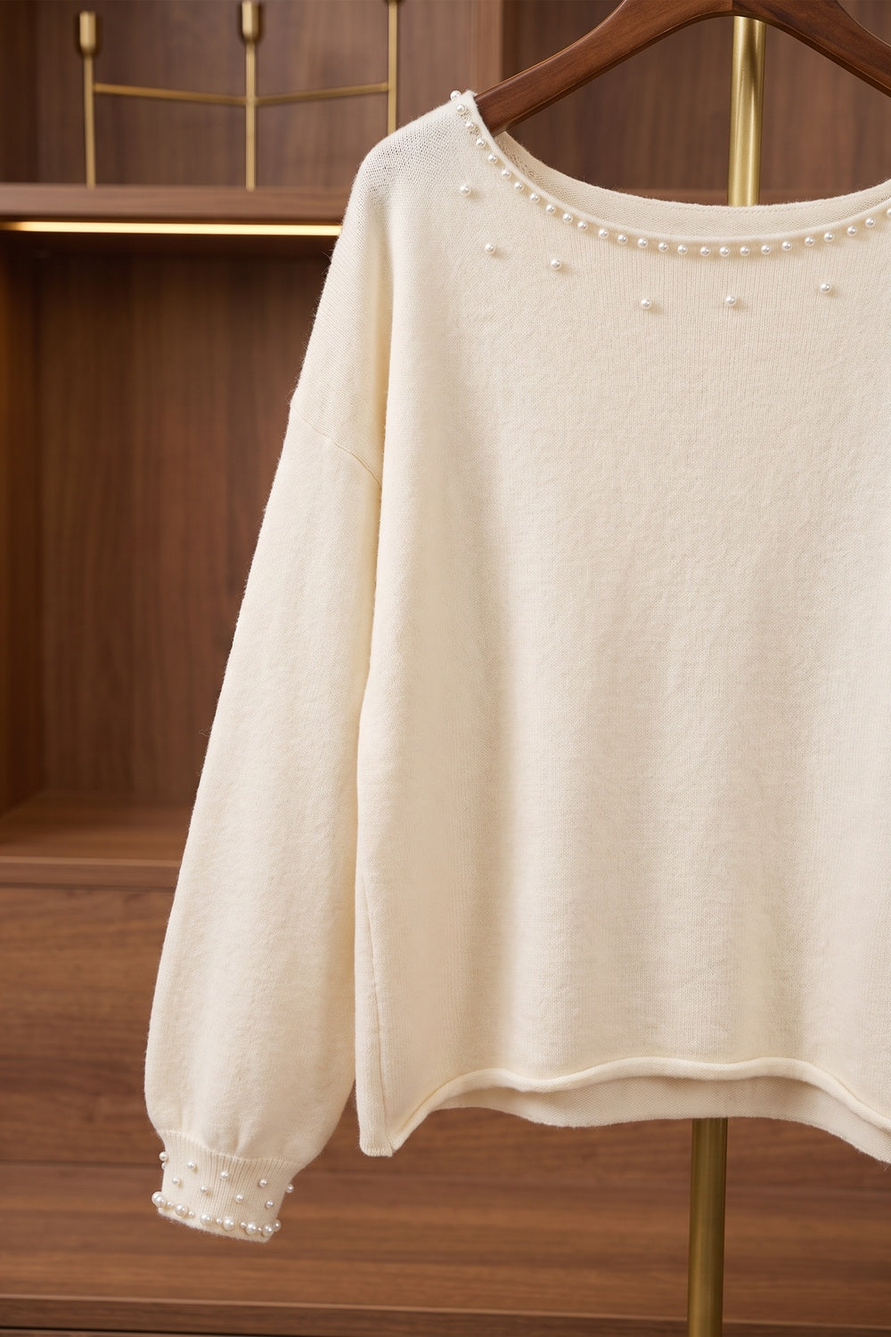 Relaxed Cream Knit Sweater with Pearl Bead Embellishments Flowering Girl