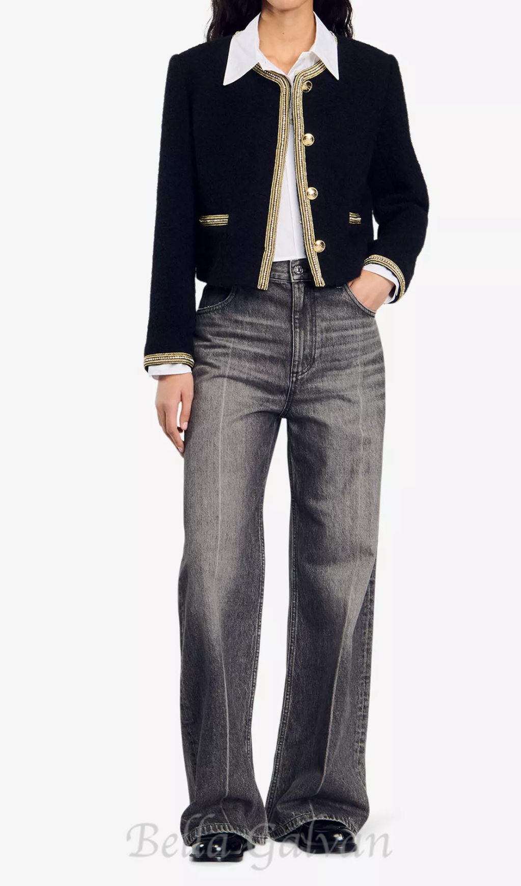 trim wool and cotton-blend jacket in noir Flowering Girl