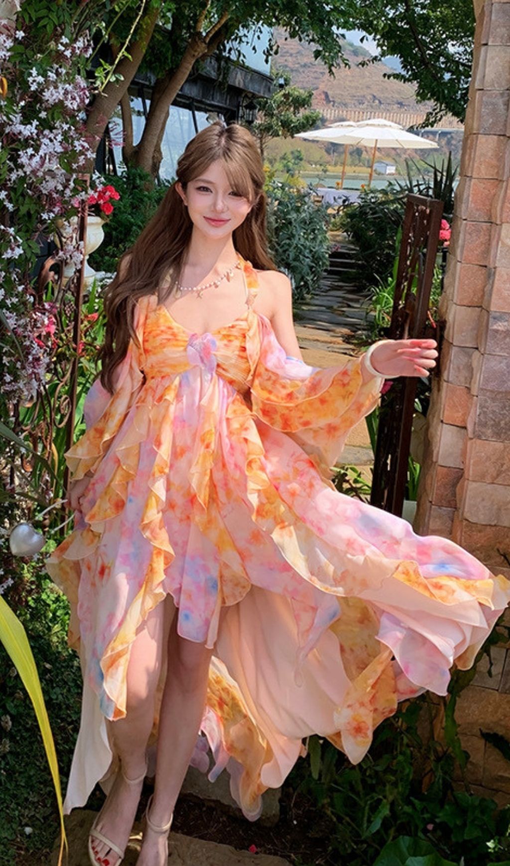 Komali Printed Butterfly Ruffle Maxi Dress Flowering Girl