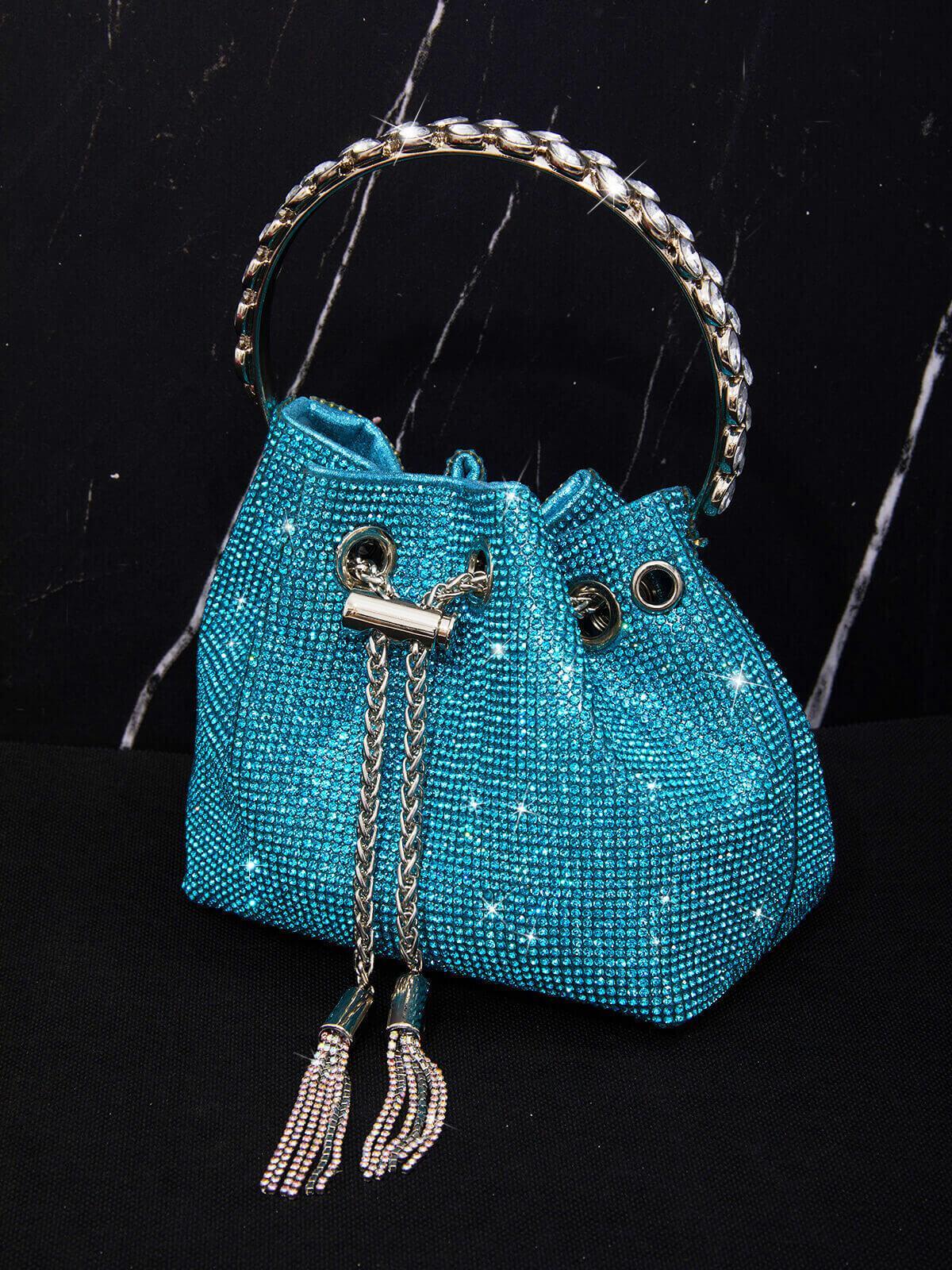 Crystal Embellished Bucket Bag In Blue Flowering Girl