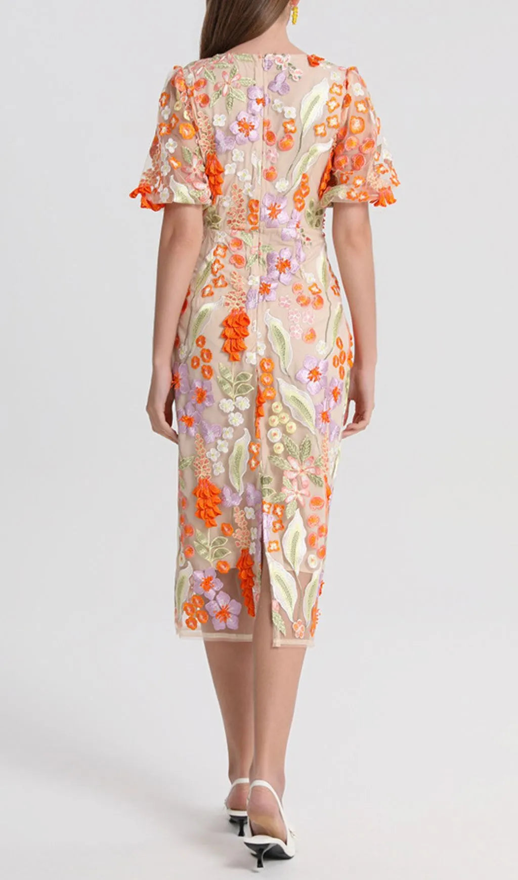 Fujiye V-Neck Flower Embroidery Midi Dress Flowering Girl