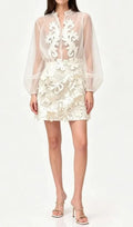 Floral Appliqué Sheer Organza Blouse & Mini Skirt Set - White Flowering Girl
