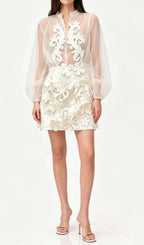 Floral Appliqué Sheer Organza Blouse & Mini Skirt Set - White Flowering Girl