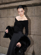 Black Stretch Knit Sweater Flowering Girl