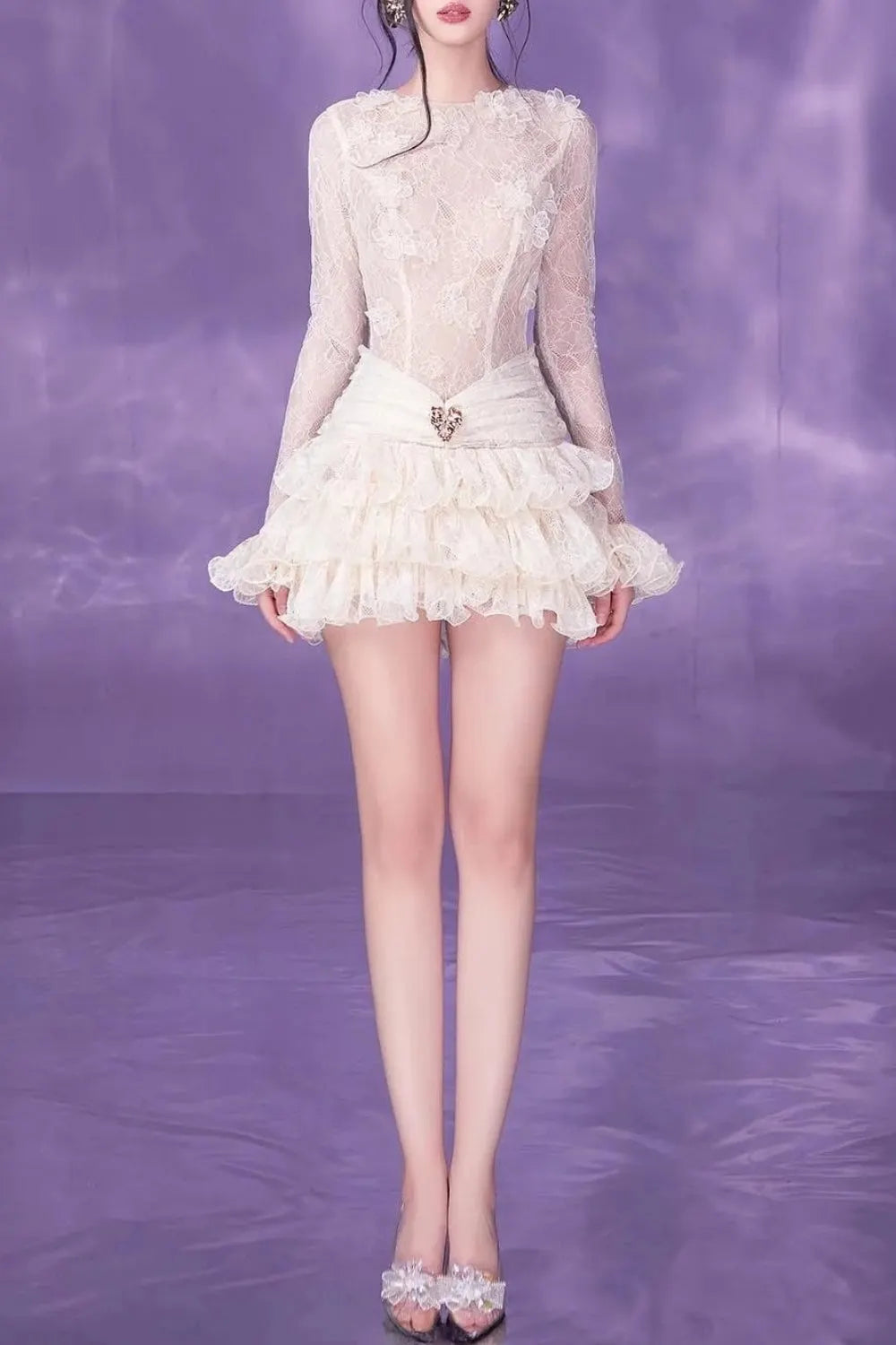 Eudora Lace Embroidery Ruched Trim Mini Dress In White Flowering Girl