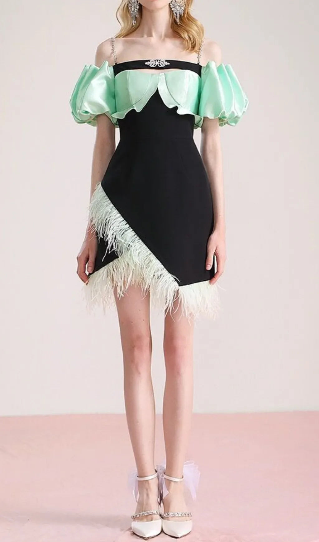 Cielo Black Off-Shoulder Feather Mini Dress Flowering Girl