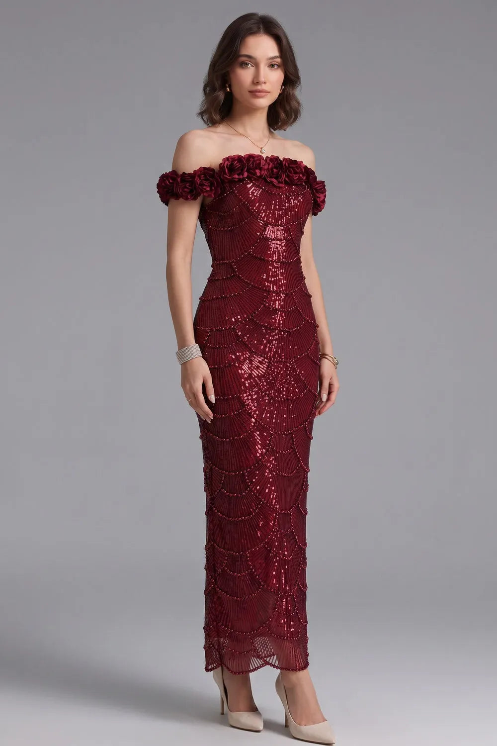 Burgundy Sequined Mesh Column Gown Flowering Girl