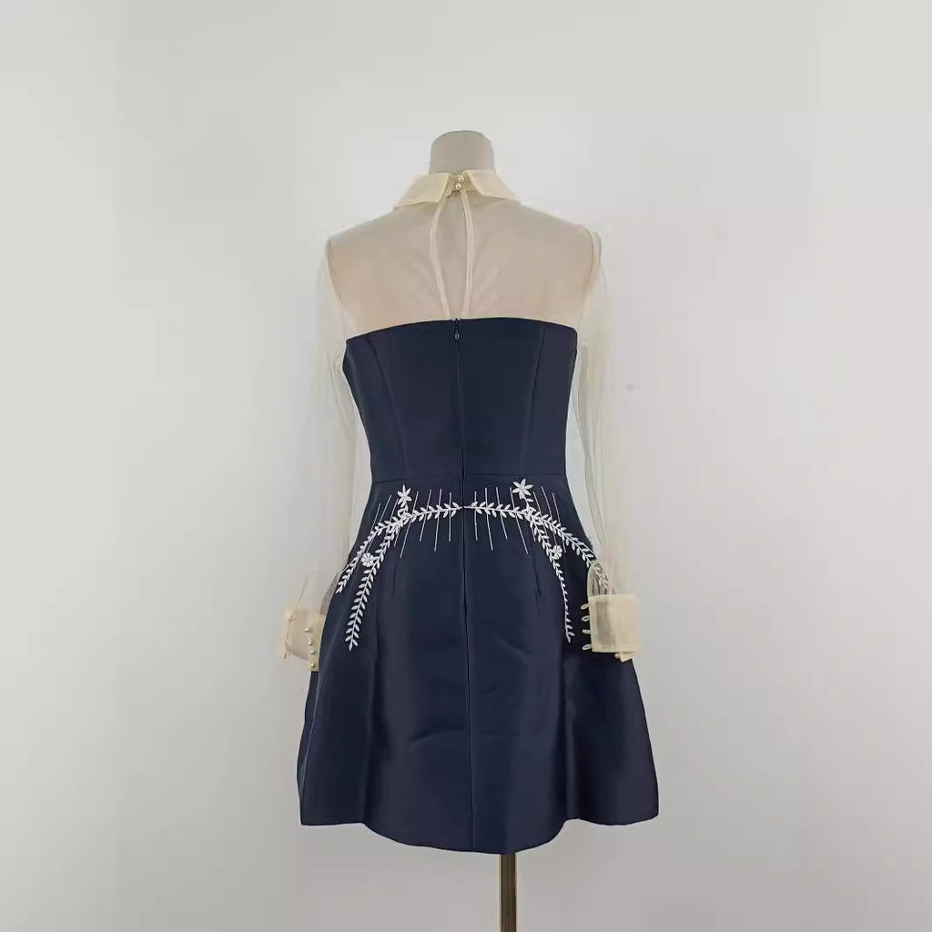 Embroidered Flower Lapel Tulle Mini Dress In Dark Blue Flowering Girl