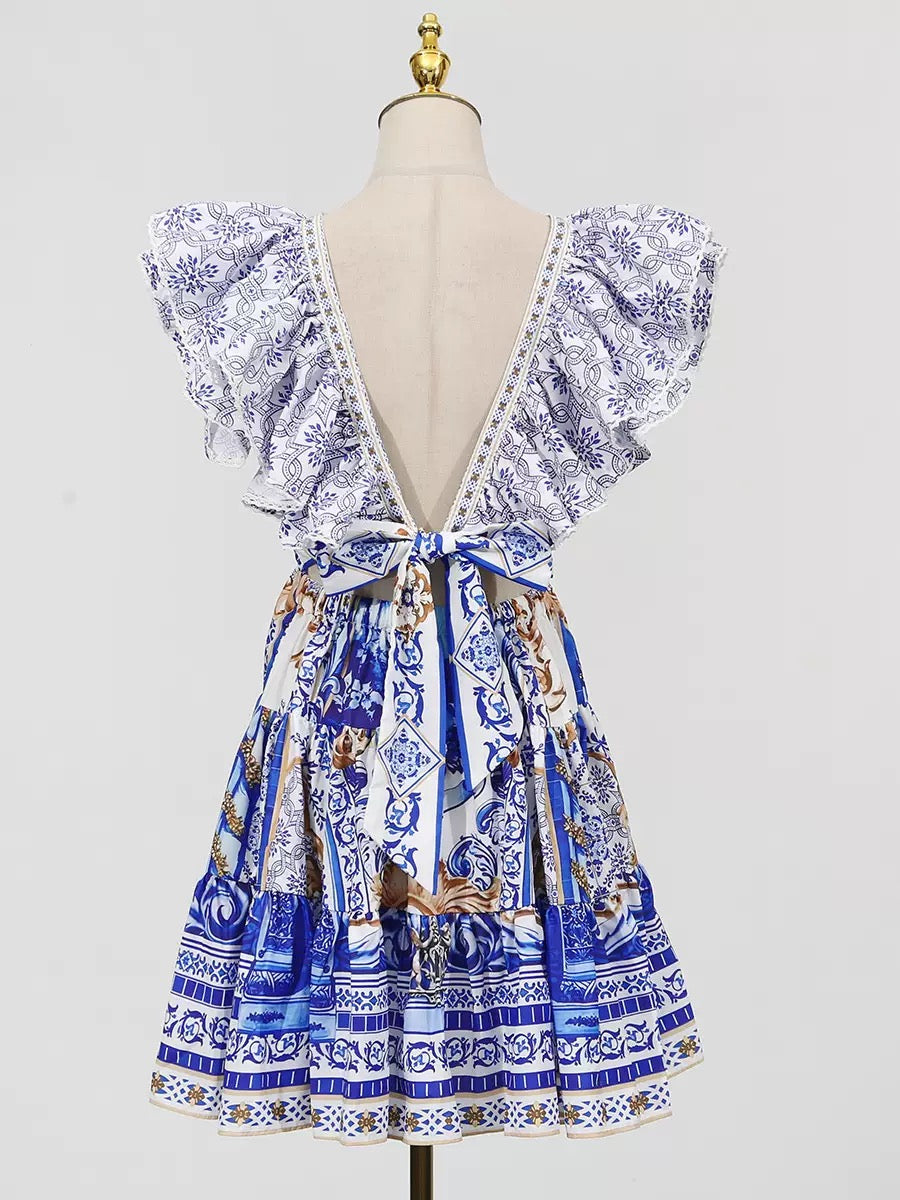 Printed Plunge Neck Mini Dress Flowering Girl