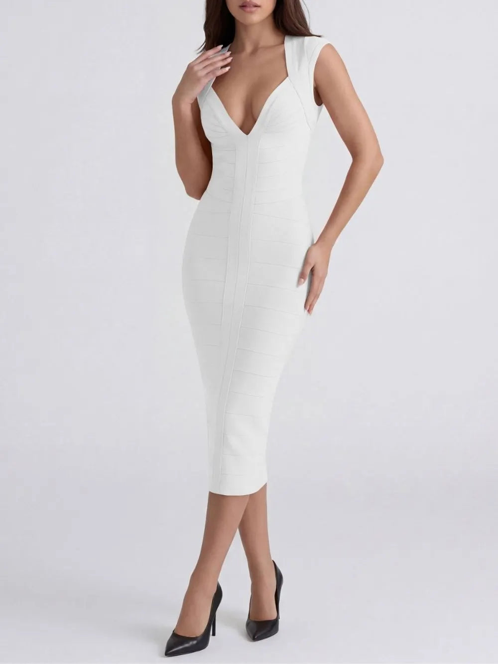 Marixa White V-Neck Bandage Midi Dress Flowering Girl
