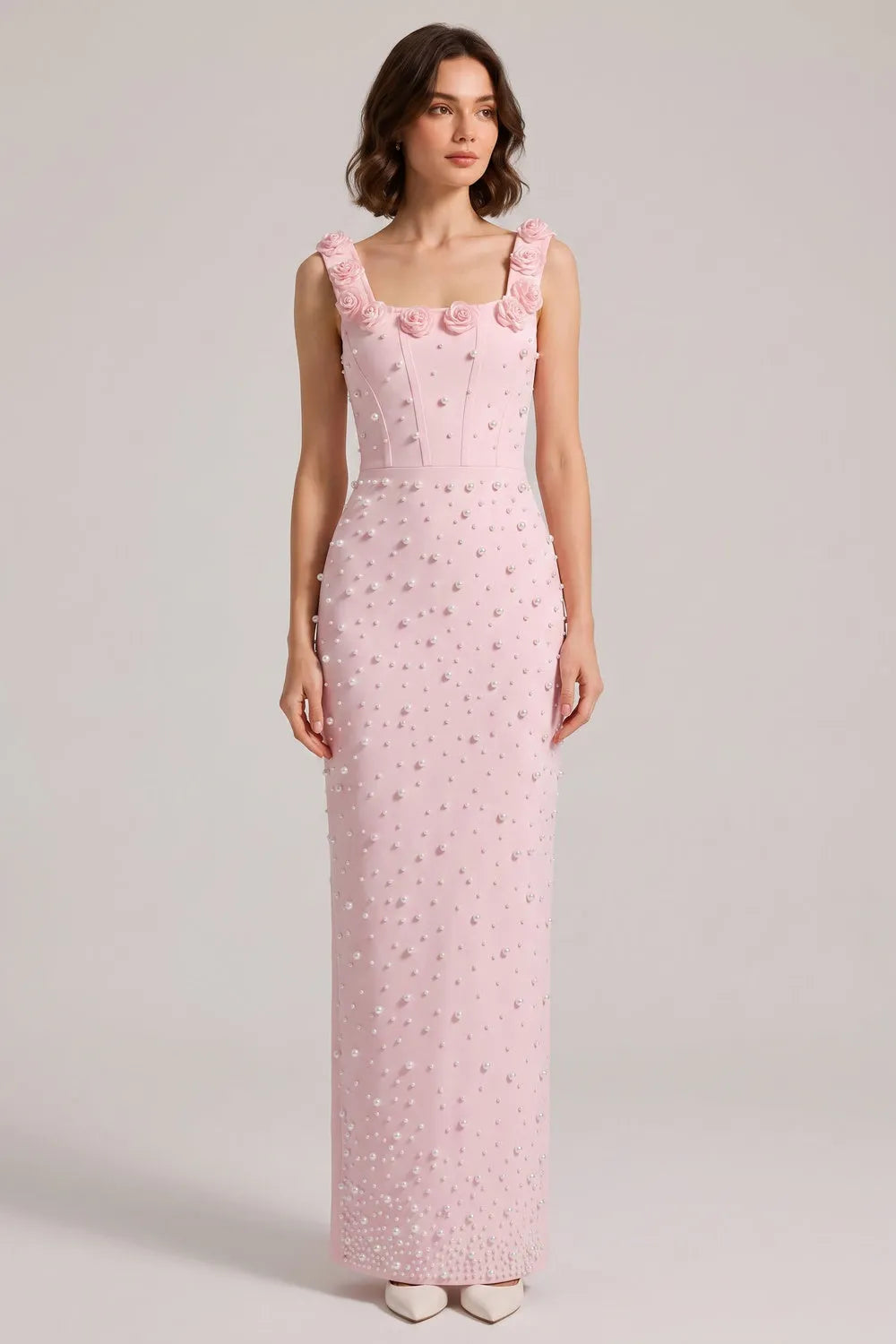Pink 3D Rose Strap All Over Pearl Beaded Mermaid Maxi Gown Flowering Girl