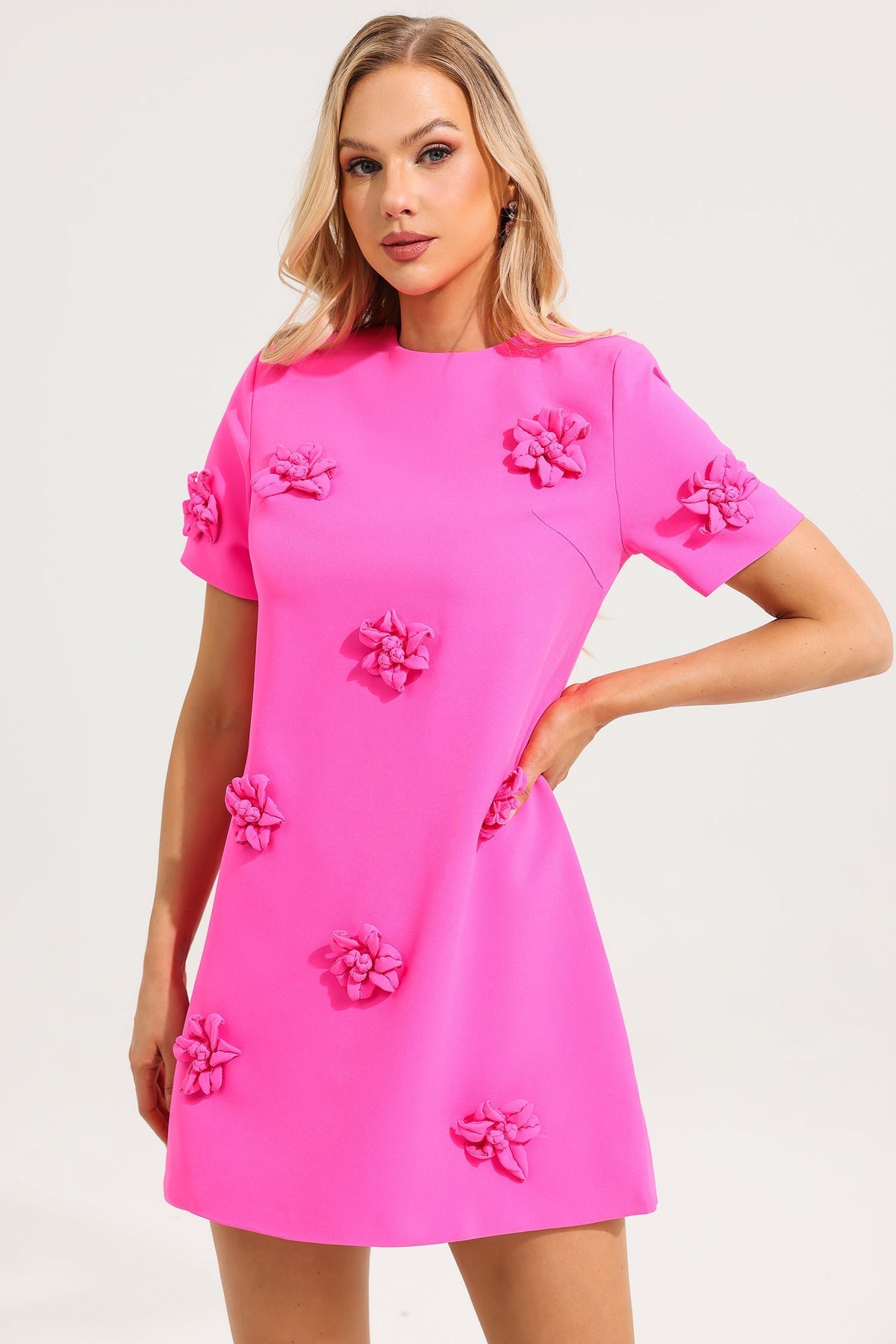 3D Floral Short Sleeve Mini Dress Flowering Girl