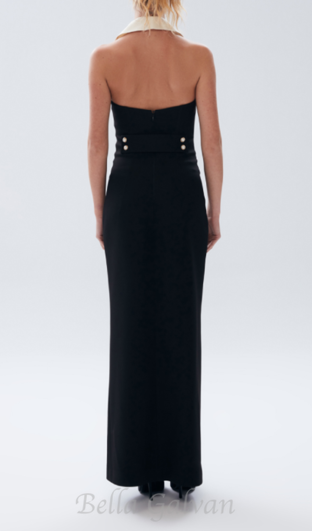 pearl-button halter black maxi dress Flowering Girl