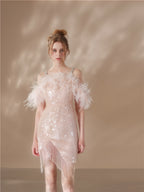 Priscilla Sequin Feather Crystal-Strap Mini Dress In Pink Flowering Girl
