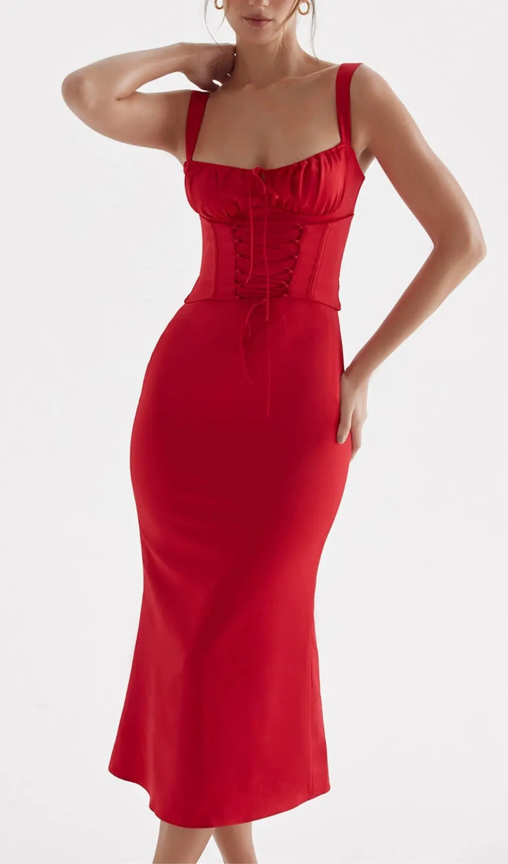 Red Lace Up Corset Midi Dress Flowering Girl