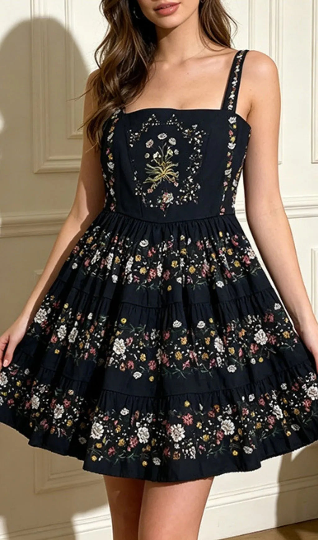 Lewa Black Floral Mini Dress Flowering Girl