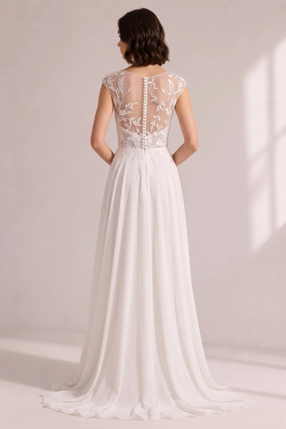 Illusion Cap Sleeve Floral Lace High Slit Chiffon Wedding Gown Flowering Girl