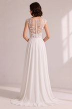 Illusion Cap Sleeve Floral Lace High Slit Chiffon Wedding Gown Flowering Girl