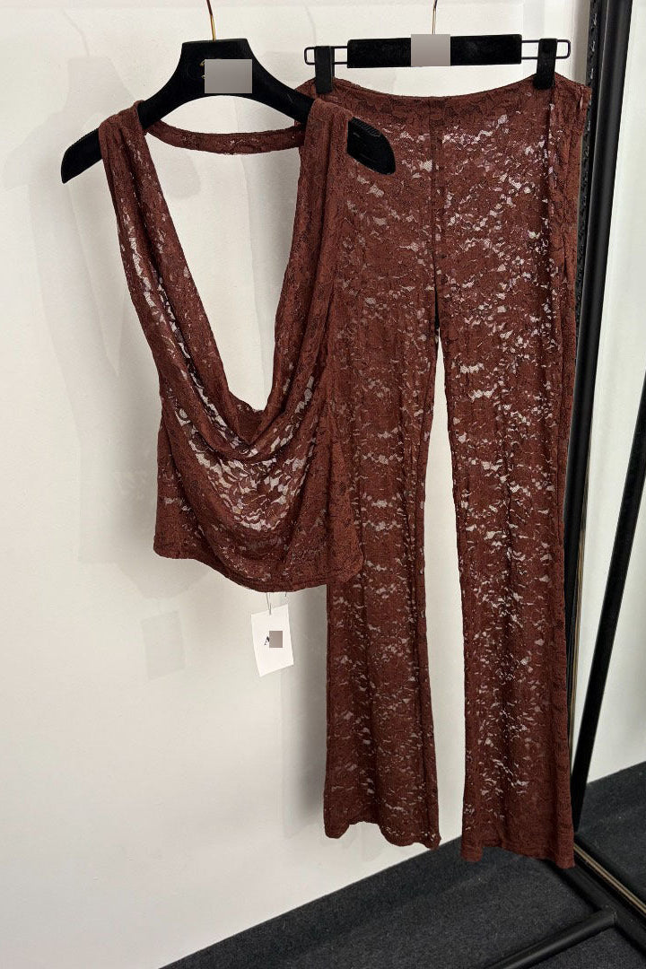 Chocolate Brown Lace Fitted Halter Top With Cowl Neck; Slim-Fit Pants Flaring From The Knee Two-Piece Set (halter top and matching pants) Flowering Girl