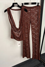 Chocolate Brown Lace Fitted Halter Top With Cowl Neck; Slim-Fit Pants Flaring From The Knee Two-Piece Set (halter top and matching pants) Flowering Girl