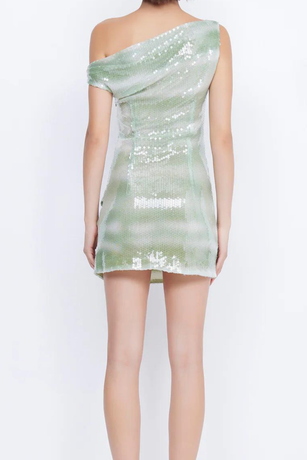 Charlotte Asymmetrical Sequin Mini Dress In Green Flowering Girl
