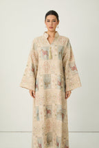 Cream Horse Patchwork Print Stand Collar Bell Sleeve Long Kaftan Dress Flowering Girl