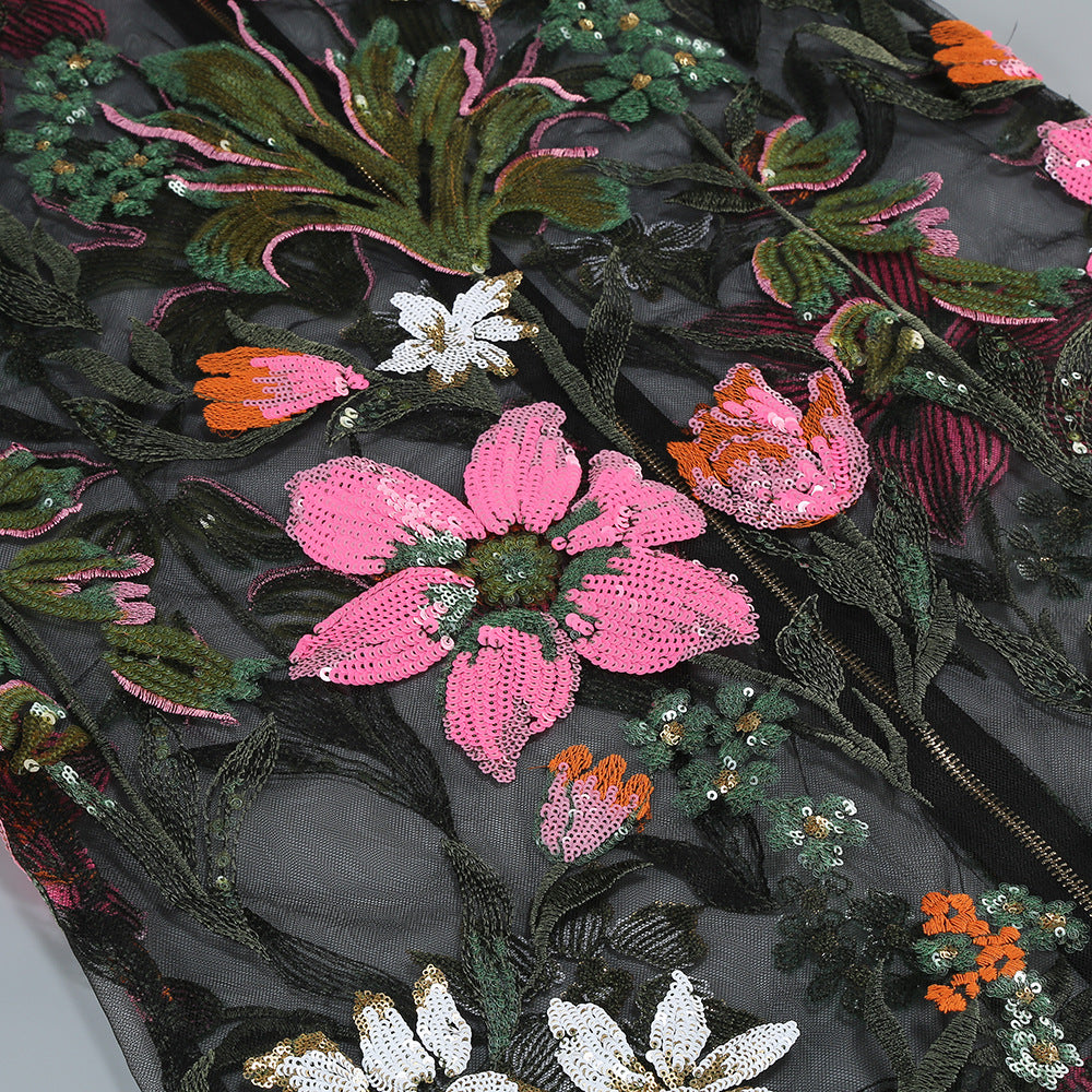 Black Floral Embroidered Mesh Column Dress Flowering Girl