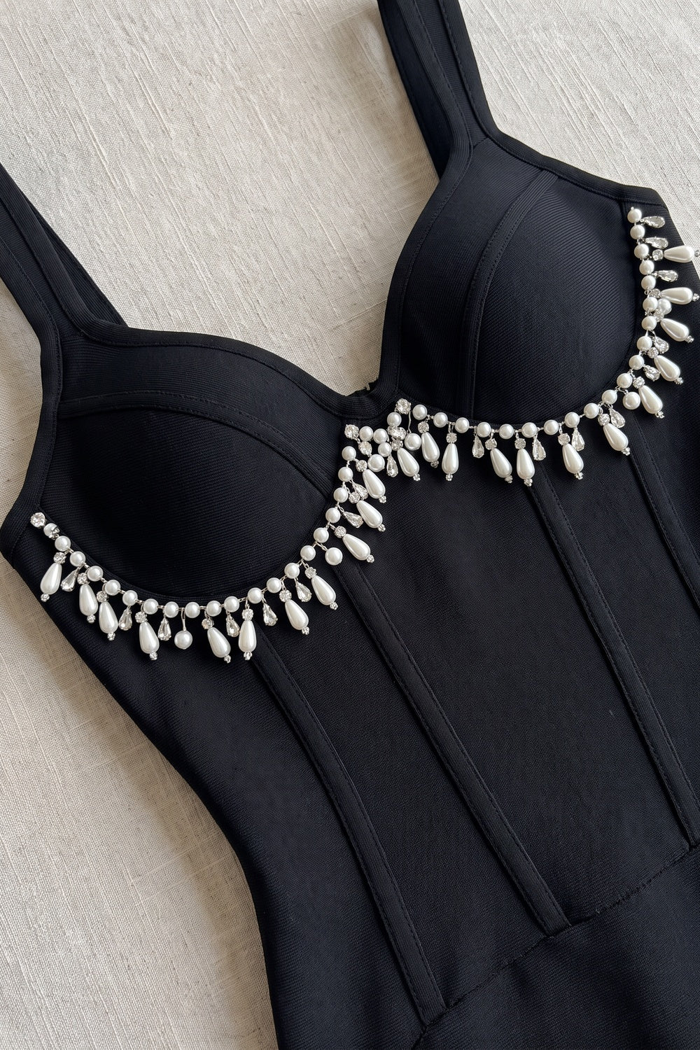 Black Sheath Midi Dress with Pearl and Crystal Fringe Flowering Girl