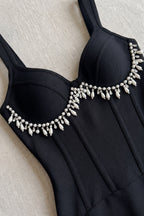 Black Sheath Midi Dress with Pearl and Crystal Fringe Flowering Girl