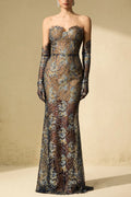 Shnovia Blue Strapless Embroidered Lace Maxi Dress With Gloves Flowering Girl