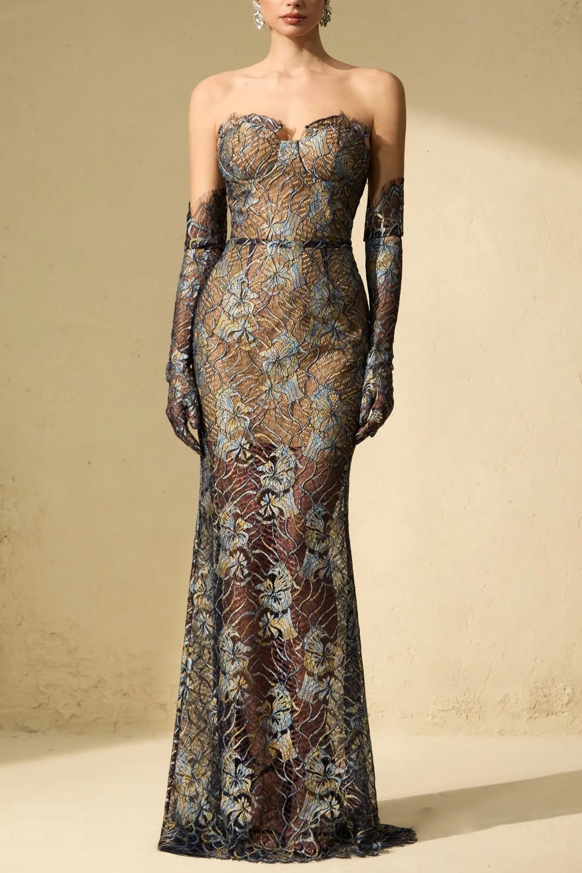 Shnovia Blue Strapless Embroidered Lace Maxi Dress With Gloves Flowering Girl
