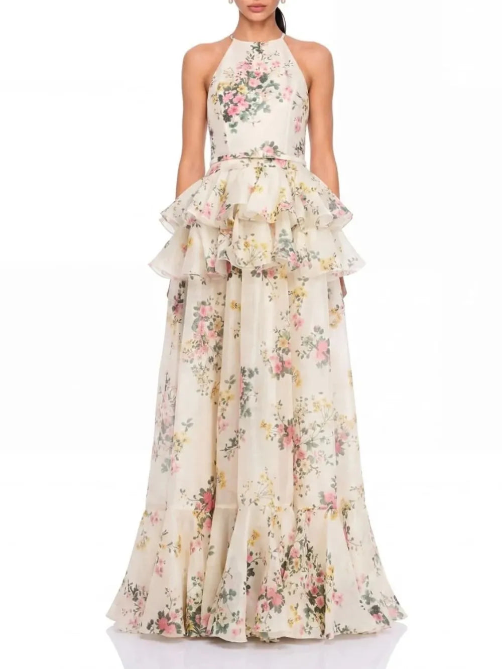 Ravelix Floral Ruffle Maxi Dress In Beige Flowering Girl