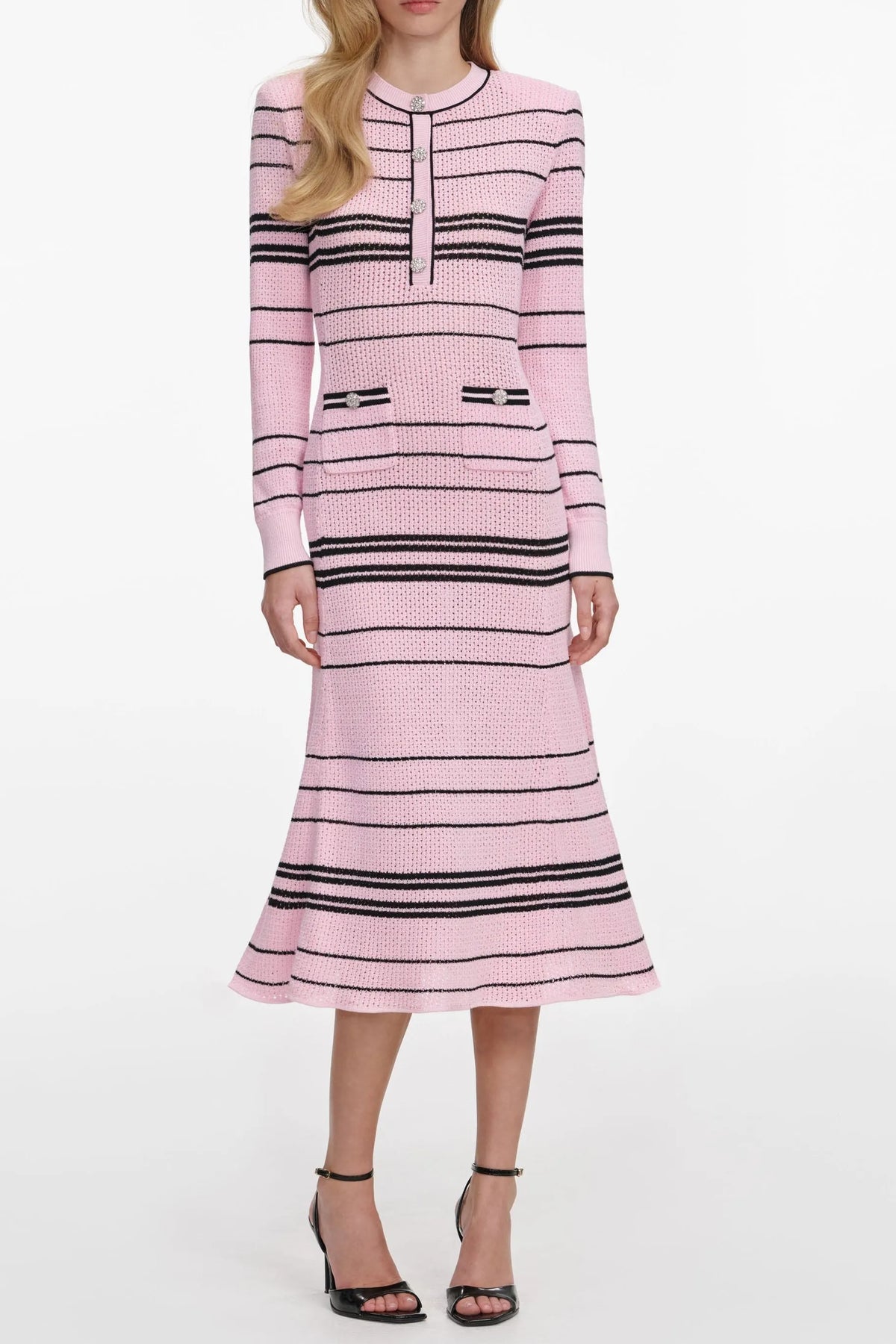 Selena Long Sleeve Stripe Knit Midi Dress In Pink Flowering Girl