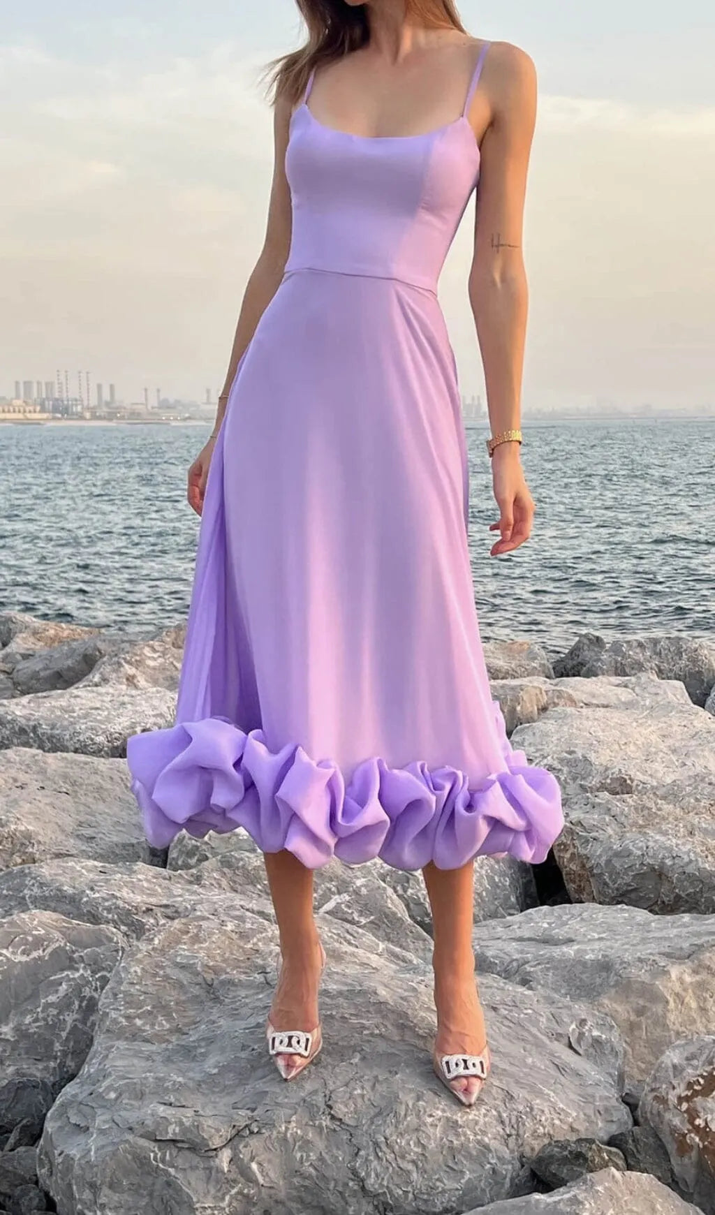 Suspender A-Line Midi Dress In Purple Flowering Girl