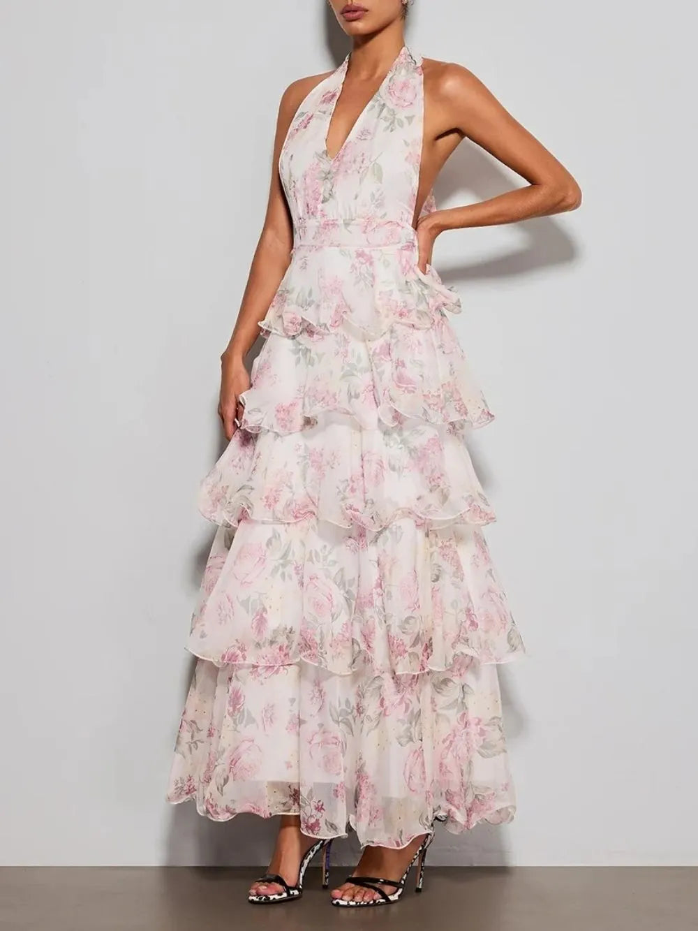 Errin Halterneck Ruffle Tiered Floral Maxi Dress Flowering Girl