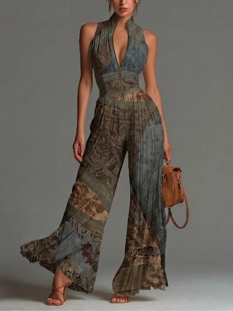 Bohemian Ethnic Print Sleeveless Zipper Pleated Wide-leg Chiffon Jumpsuit Flowering Girl